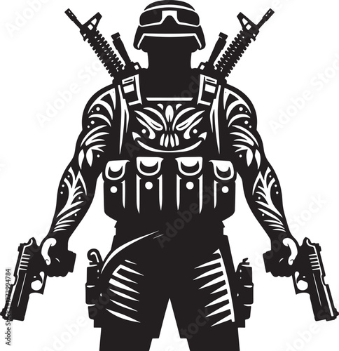 Silhouette of a heavily armed soldier with guns and rifles, read
