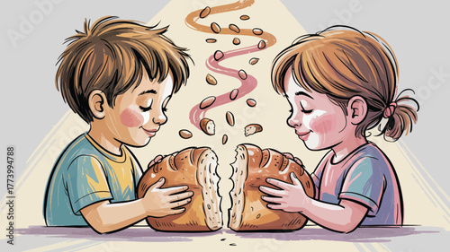 Two children with eyes closed holding halves of a loaf of bread with aroma rising in the air