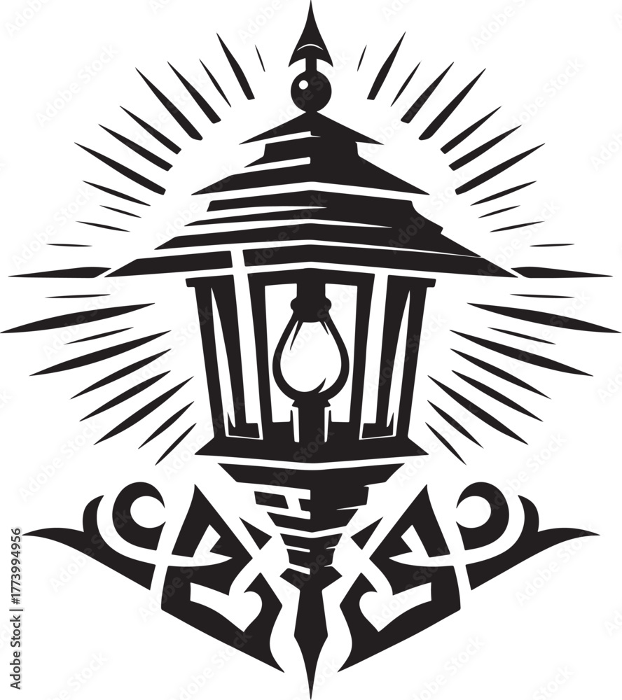 Naklejka premium Detailed Black and White Illustration of an Ornate Street Lamp w