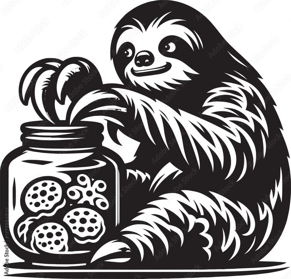 Fototapeta premium A cute sloth reaching into a jar of cookies, adorable black and