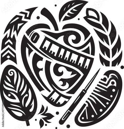 Intricate Black and White Illustration of an Apple Symbolizing H