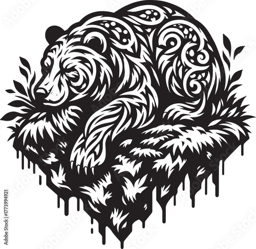 Artistic Black and White Illustration of a Grizzly Bear in a Nat