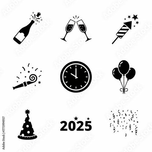New Year 2025 Celebration Party Elements Vector Set