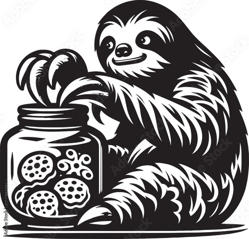 A cute sloth reaching into a jar of cookies, adorable black and
