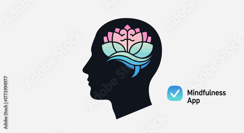 Mindfulness app concept with lotus flower in human silhouette