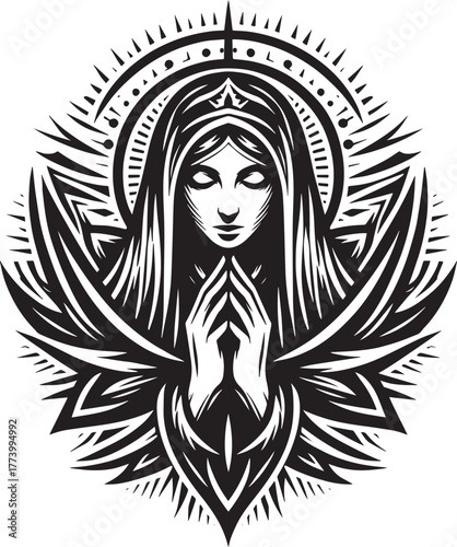 Intricate Black and White Vector Illustration of a Spiritual Fem