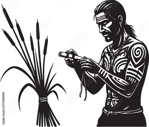 Indigenous craftsman with traditional body art constructing reed