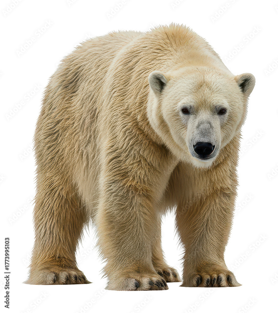 Fototapeta premium Majestic polar bear isolated on white background, looking at the viewer, full body shot, powerful animal, arctic wildlife, conservation concept.