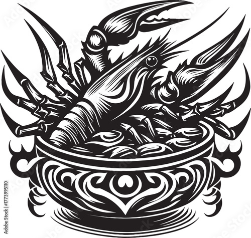 Detailed black and white illustration of a crawfish or crayfish