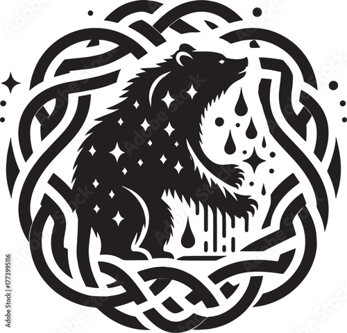 Intricate Black and White Bear Silhouette Within a Celtic Knot D