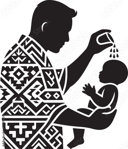 Silhouette Illustration of a Man Performing a Ritual on a Baby,