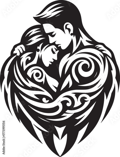 Black and white illustration of a couple embracing with intricat