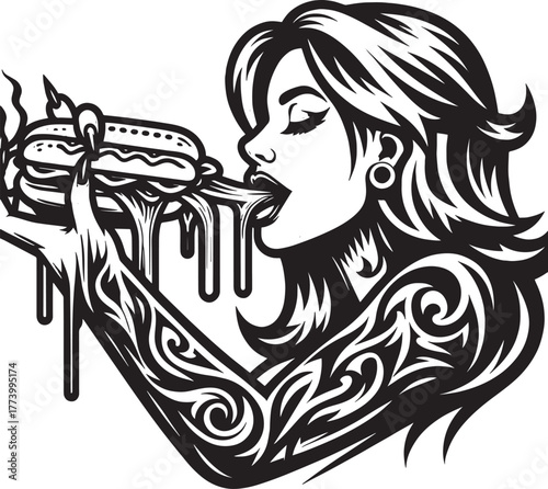 Woman Devouring a Delicious Burger: A Detailed Black and White I
