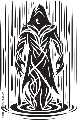 Intricate Black and White Digital Illustration of a Mysterious F