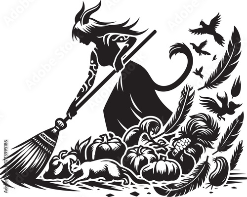 A Witch Sweeping in a Harvest Scene with Pumpkins, Birds and a C