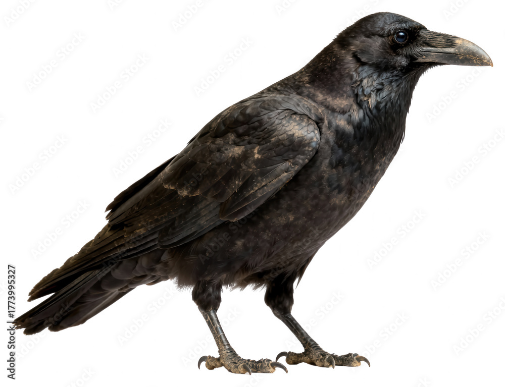 Obraz premium Full body profile portrait of a black raven or crow, isolated on white, showing feathers, beak, feet, and details, in a naturalistic style.