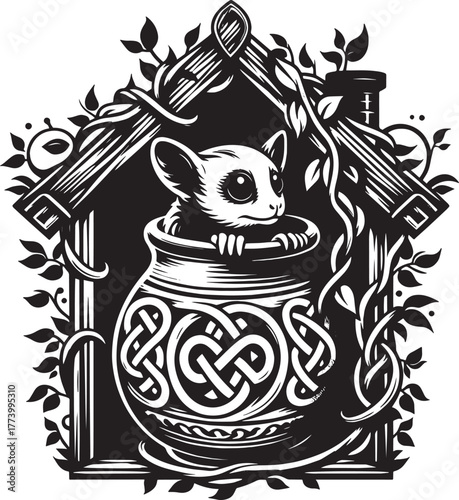 A charming illustration of a cute mouse peeking out of a decorat