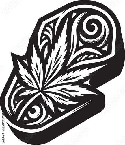 Intricate Black and White Cannabis Leaf Design with Tribal and A
