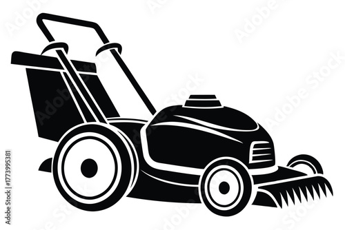electric lawn mower black and white silhouette on white background