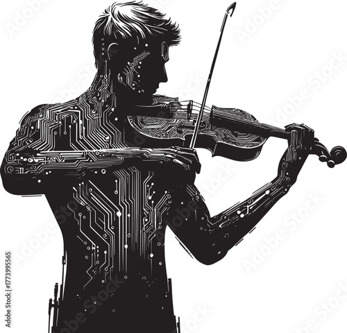Artistic silhouette of a musician playing violin, integrated wit