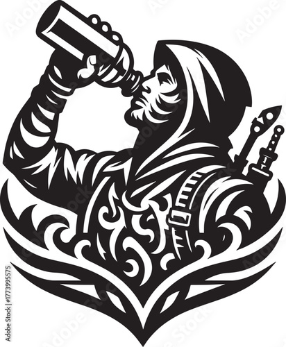 Intricate Black and White Illustration of a Soldier Drinking Wat