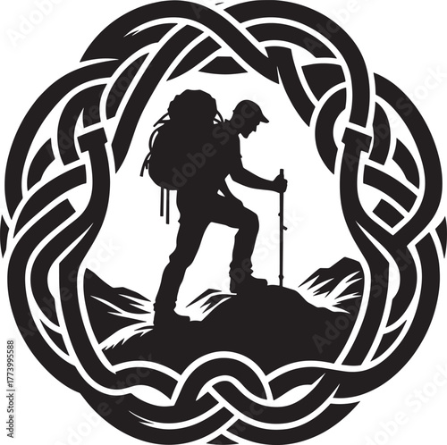 Silhouette of a hiker with a backpack in a Celtic knot frame, pe