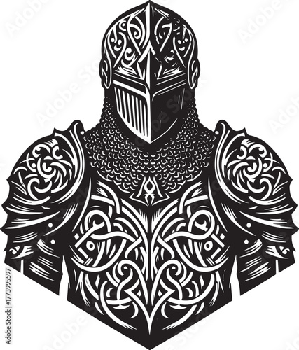 Detailed Black and White Illustration of a Knight's Armor Depict