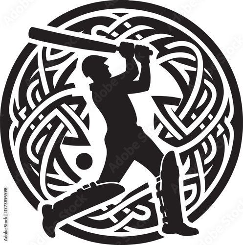 Silhouette of a Cricket Player Swinging a Bat with Intricate Cel