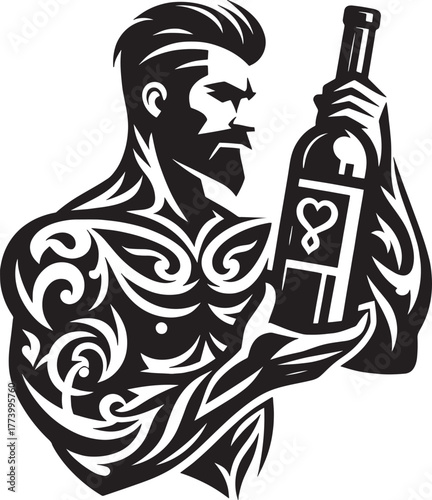 Strong and Tattooed Man Holding Wine Bottle Black and White Illu