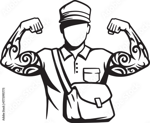 Illustration of a strong tattooed delivery man flexing his bicep