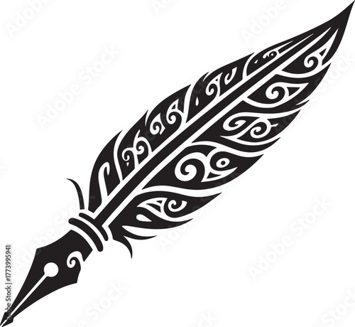 Elegant quill pen silhouette with tribal tattoo-style ornamentat