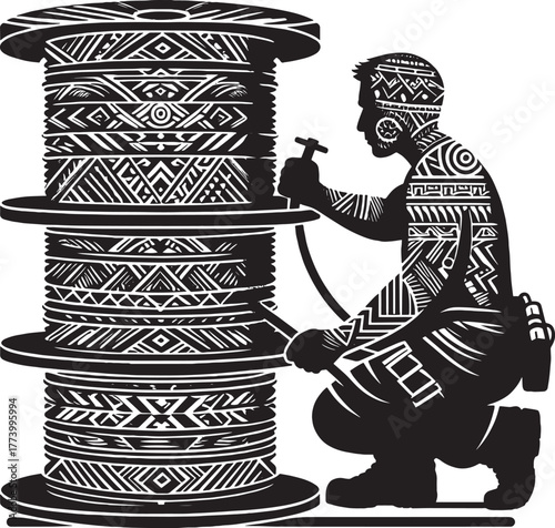 Intricate Black and White Illustration Depicting a Worker Intera