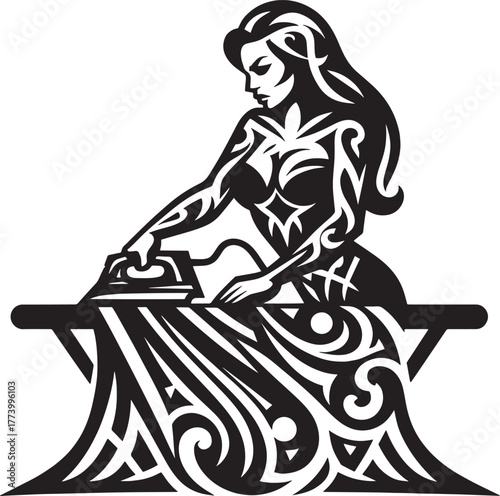 Stylized Illustration of a Woman Ironing Clothes on an Ironing B