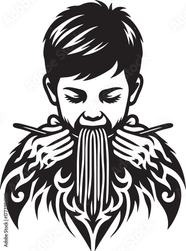 Black and white illustration of a person eating noodles with a u