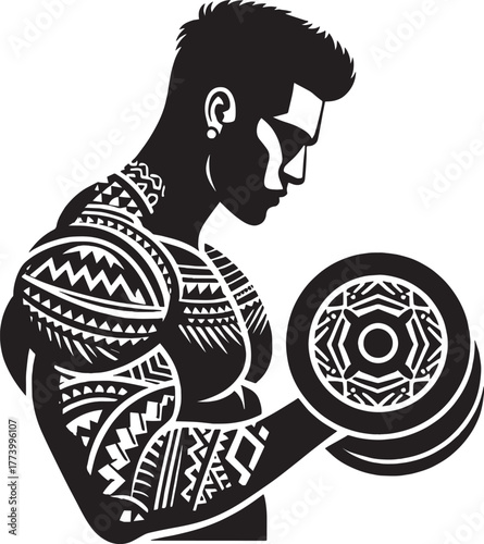 Silhouette of a Muscular Man with Tribal Tattoos Lifting a Dumbb