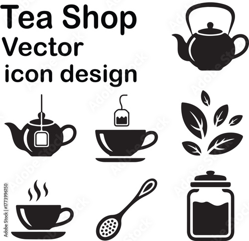 Collection of black and white vector icons for a tea shop and cafe