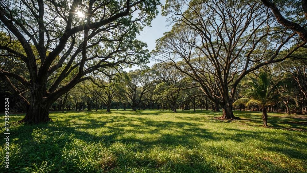 Obraz premium Lush green lawn with large trees and sunlight filtering through the leaves in a park or garden setting.