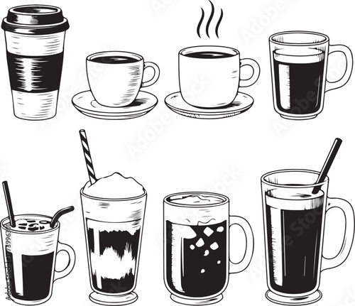 Hand drawn collection of coffee drinks and beverages in sketch style