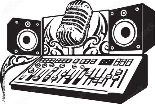 Monochrome audio mixing desk setup with microphone and monitor s