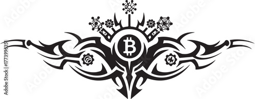 Intricate tribal tattoo illustration with blockchain technology