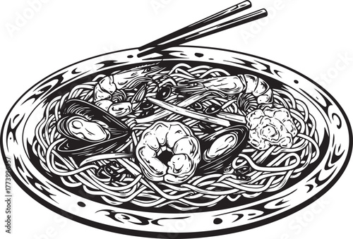 Monochrome Illustration of Char Kway Teow Plate, A Southeast Asi