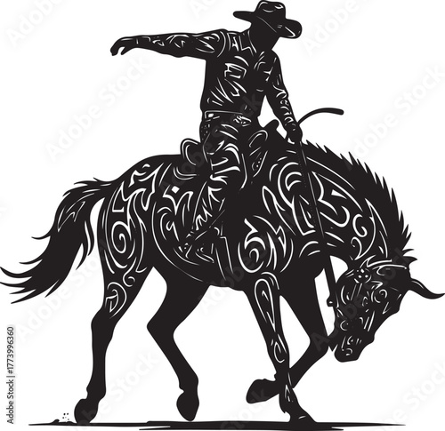 Dynamic Rodeo Performance: Tribal Horse and Rider Silhouette wit