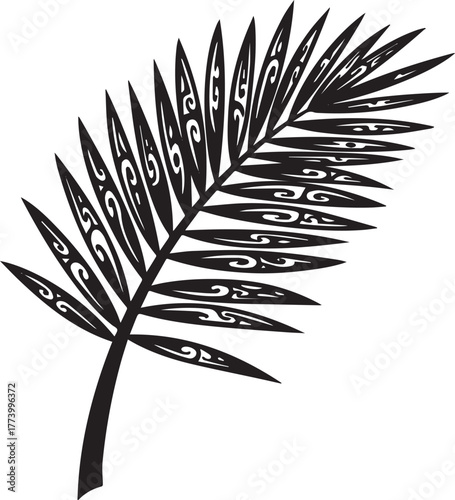 Stylized palm frond illustration with tribal pattern design isol