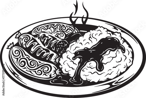 Stylized Bangers and Mash Illustration with Tribal Tattoo Inspir