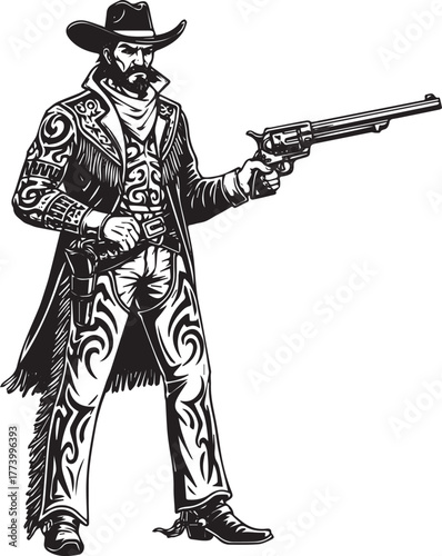 Detailed Black and White Illustration of a Gunfighter with Triba