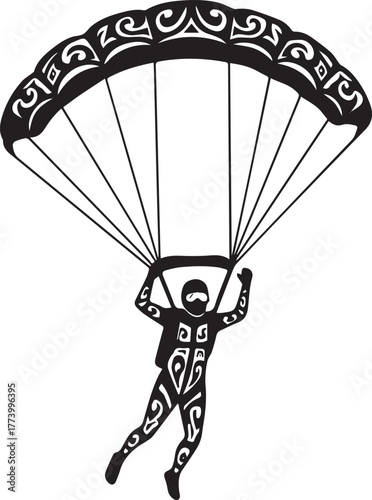 Stylized skydiver descending with parachute, adorned with tribal