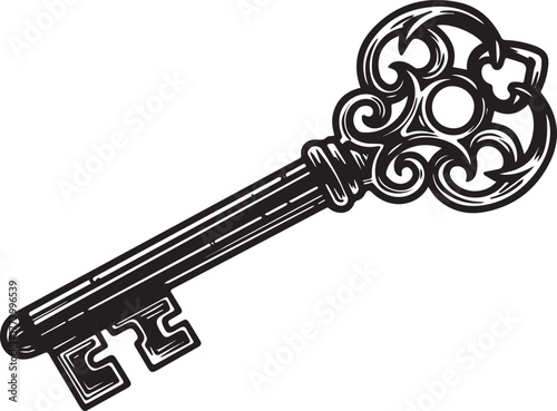 Ornate Vintage Key Illustration with Decorative Elements and Bla