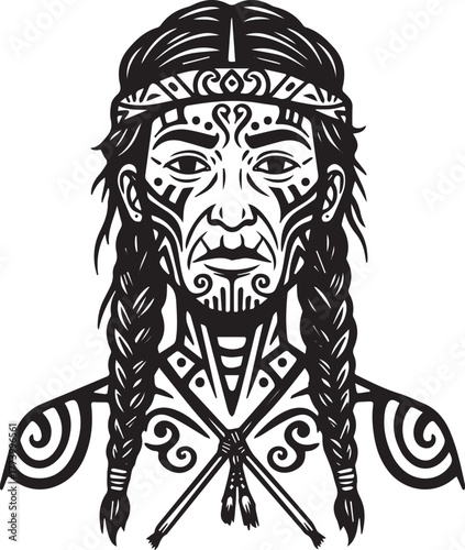 Intricate linework depiction of a indigenous figure with tribal