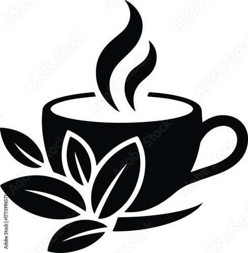 Stylized black and white illustration of a steaming cup of tea with leaves