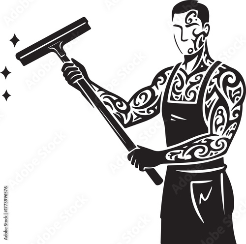 Tribal Tattooed Window Cleaner Icon Silhouette with Cleaning Squ